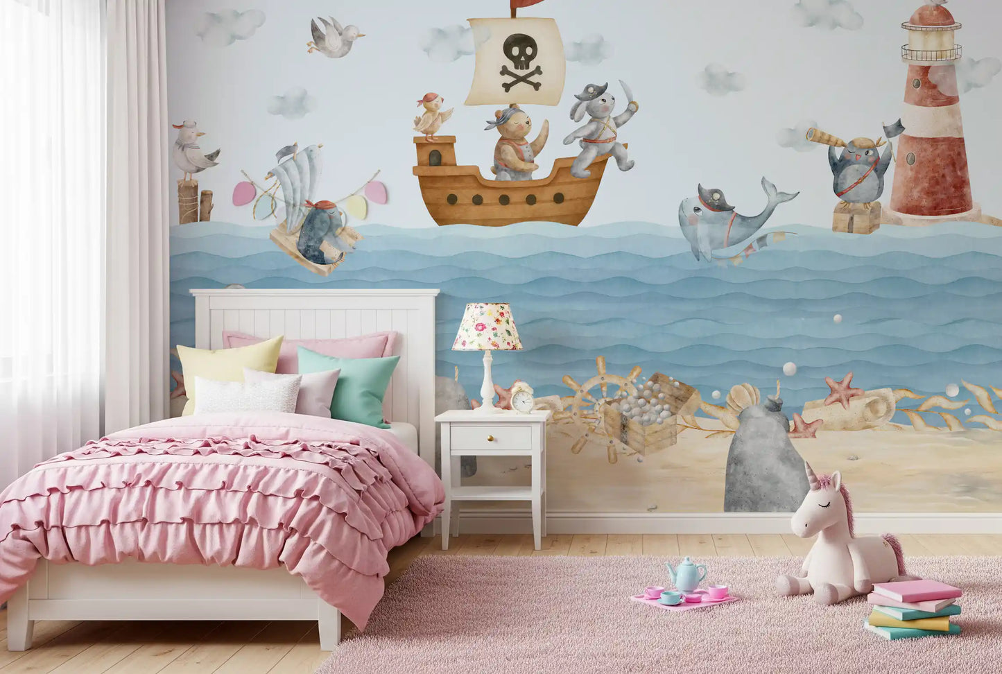 Smiling scarfed whale leaps over gentle waves in the Nautical Friends wall mural