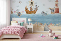 Smiling scarfed whale leaps over gentle waves in the Nautical Friends wall mural