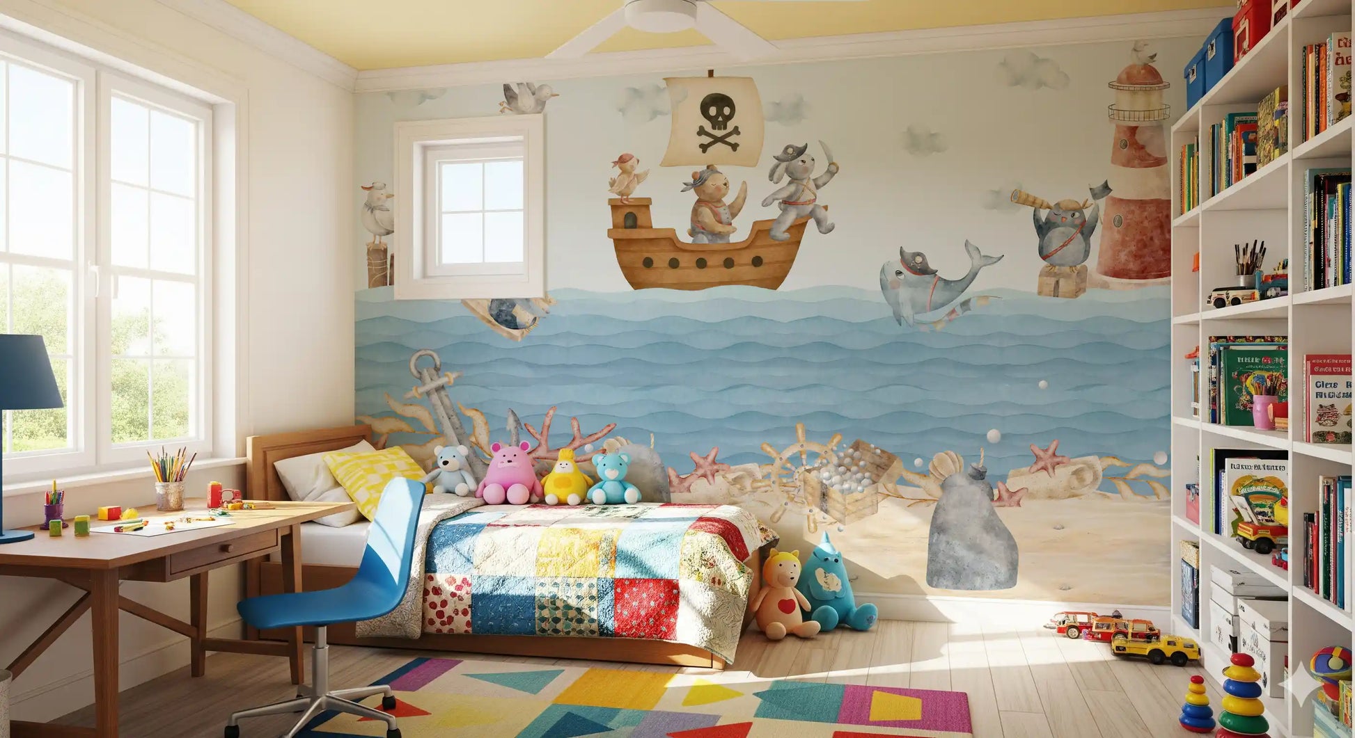 Anchor, starfish and pearl chest rest on the sandy seabed of this wall mural