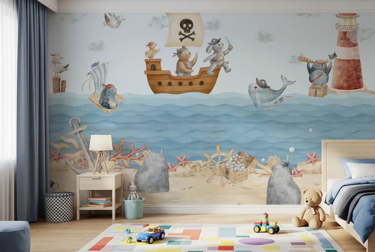 Cot corner of a Kids room dressed in the watercolour pirate wall mural