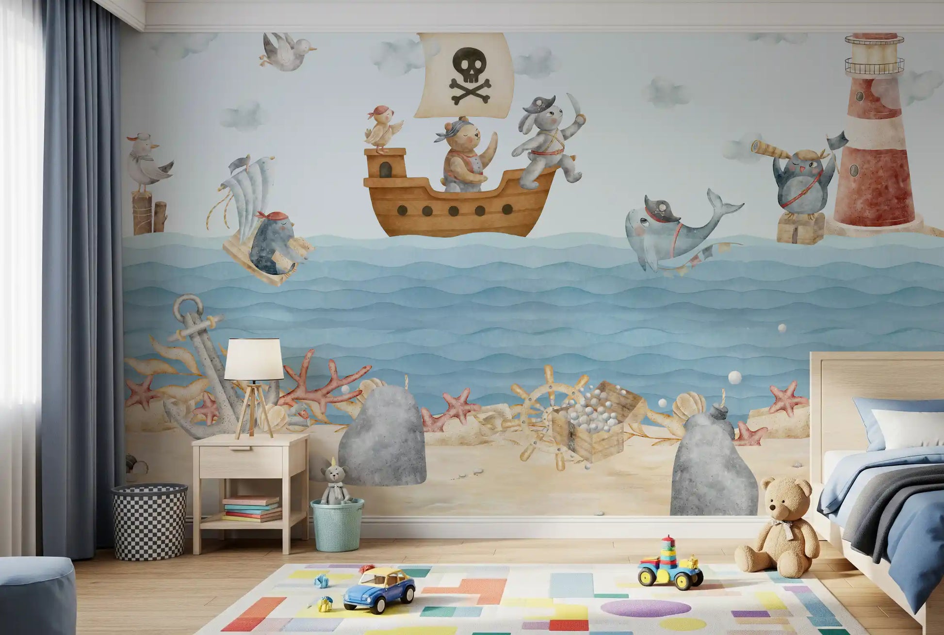 Cot corner of a Kids room dressed in the watercolour pirate wall mural