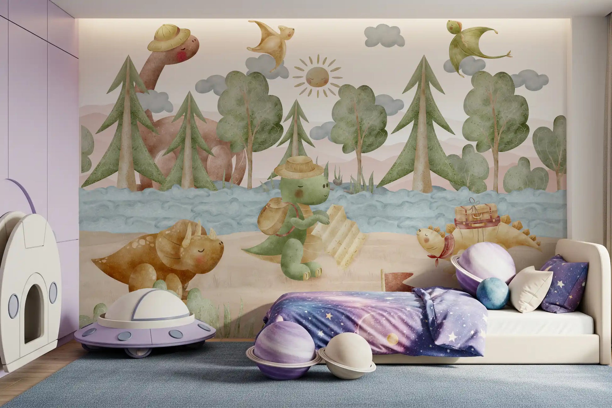 Children's Bedroom showing the full Dino Explorer's Journey wall mural scene