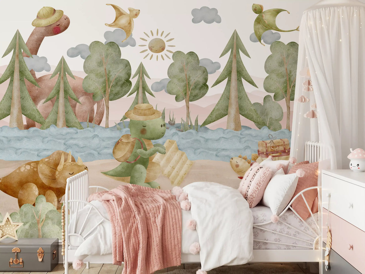 Kids' Bedroom area styled with the Explorer's Journey wall mural as a backdrop