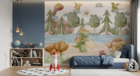 A smiling sun and drifting clouds float above the Dino Explorer's wall mural