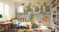Little Dino Journey wall mural led by a hat-wearing green dinosaur