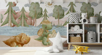 Triceratops resting in leafy bushes within the Dino Explorer's wall mural