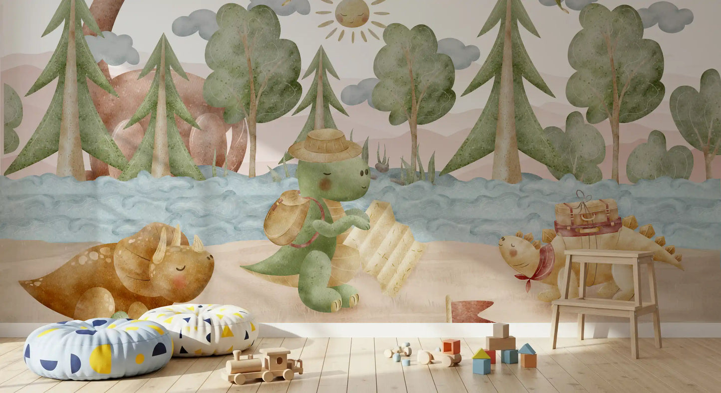 Toddler Play area lined with the Explorer's Journey wall mural along one side