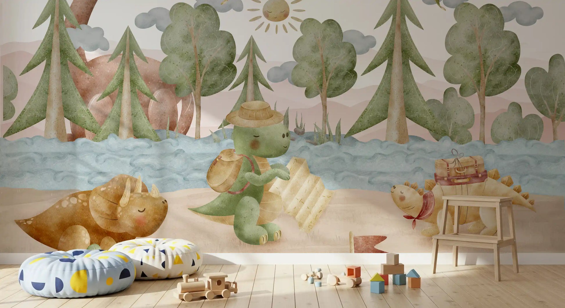 Toddler Play area lined with the Explorer's Journey wall mural along one side
