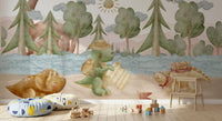 Toddler Play area lined with the Explorer's Journey wall mural along one side