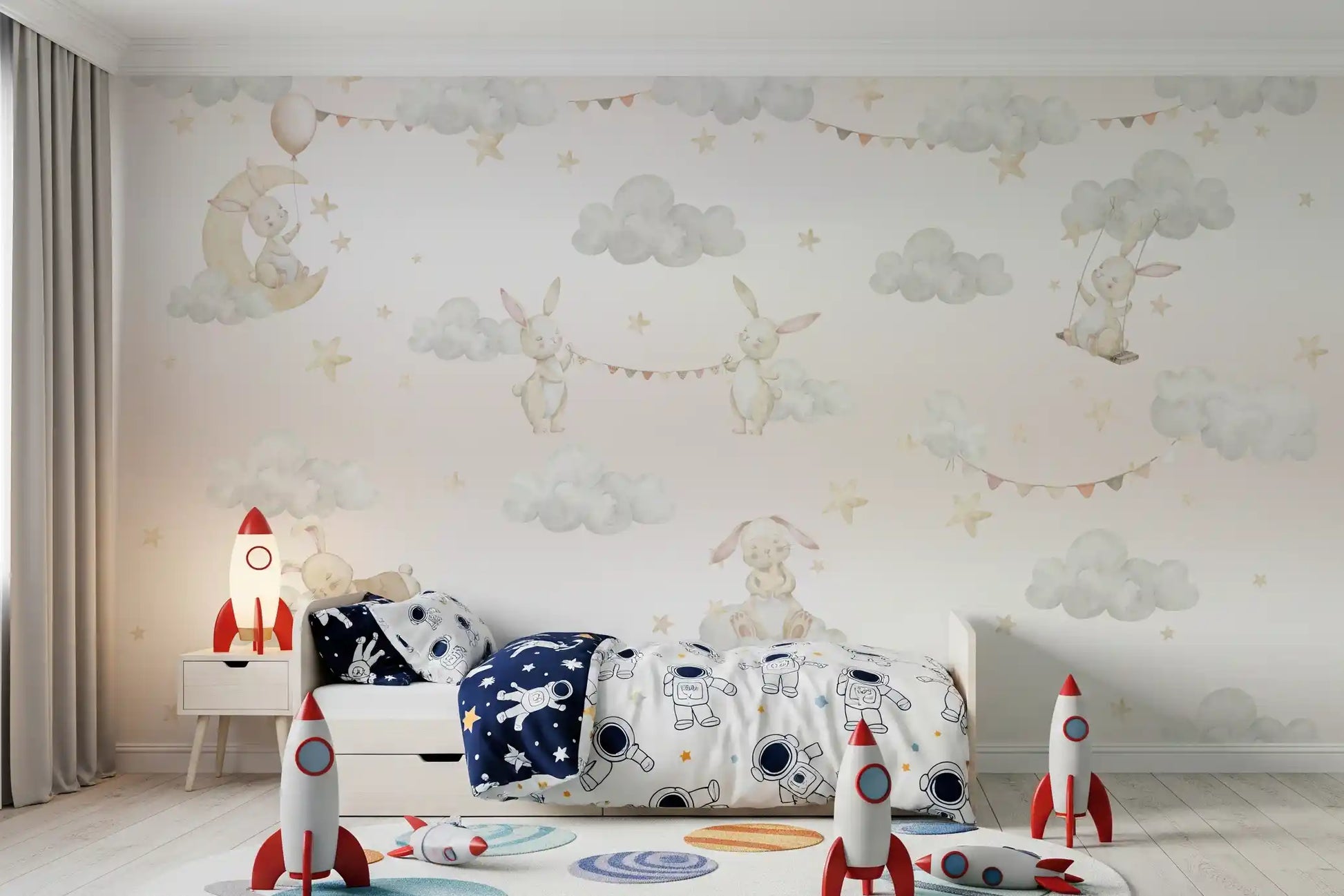 Kids bedroom with the Bunny Cloud Adventures wall mural