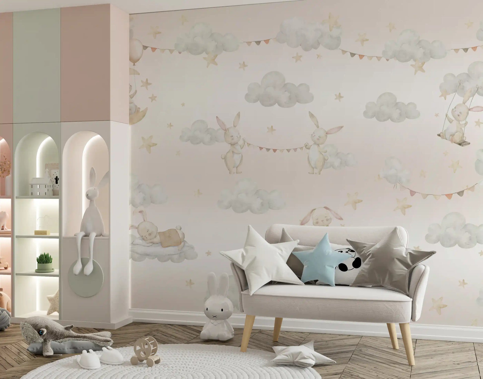 Nursery corner pairing a slim lamp table with the Dreamy Bunny Cloud wall mural