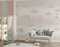 Nursery corner pairing a slim lamp table with the Dreamy Bunny Cloud wall mural