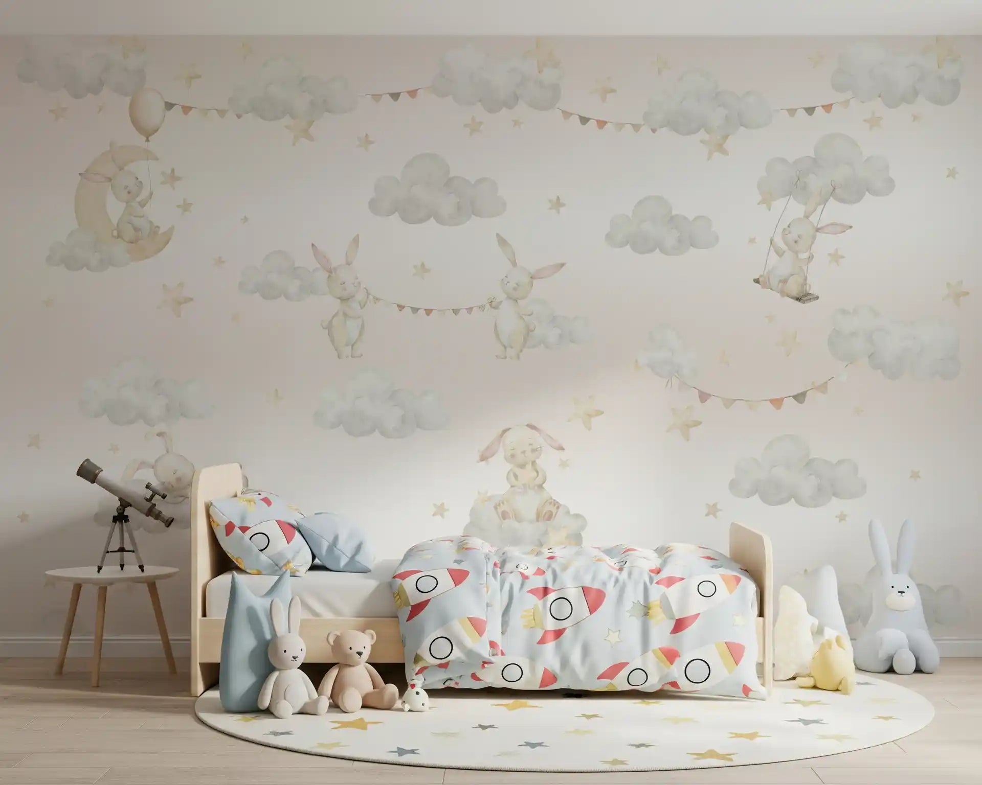 Peach bunting and cream stars float through the Dreamy Bunny Cloud wall mural patter