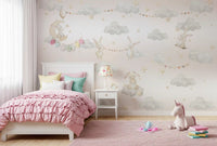 Pink-bedded Kids bedroom with the Dreamy Bunny Cloud Adventures wall mural 