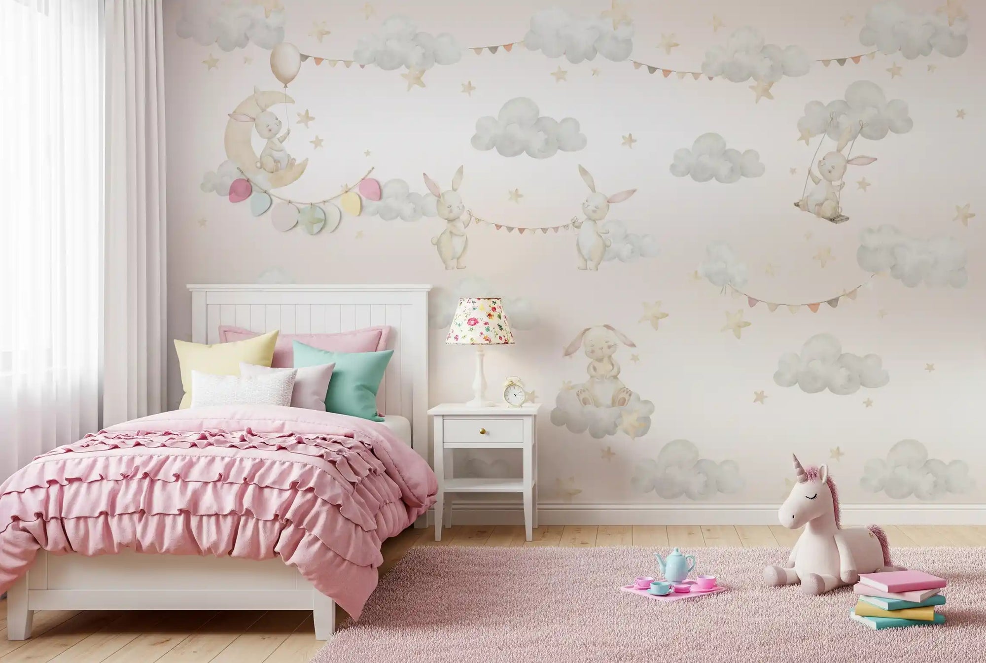 Pink-bedded Kids bedroom with the Dreamy Bunny Cloud Adventures wall mural 