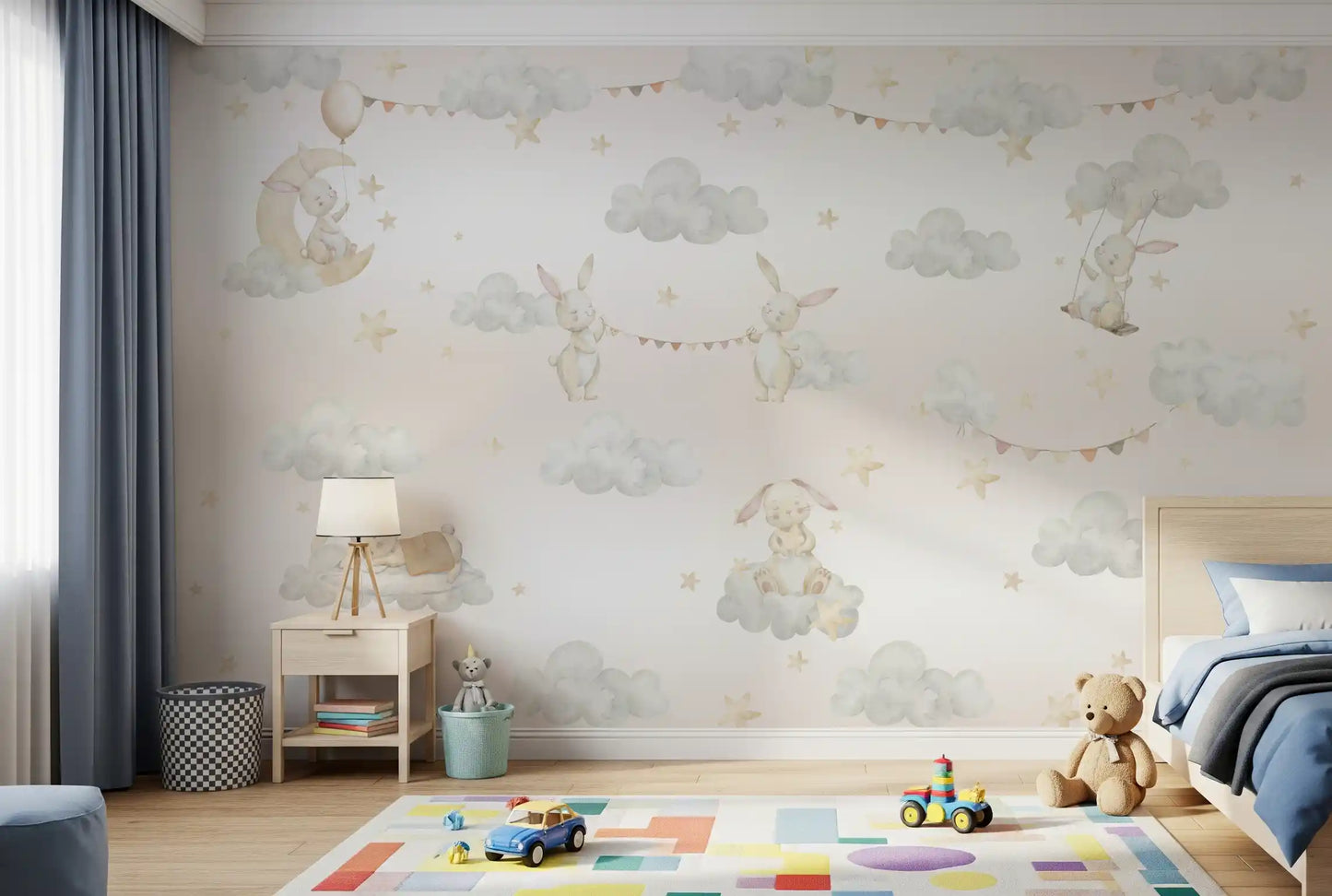 Toddler room styled with toys and the Dreamy Bunny Cloud wall mural 