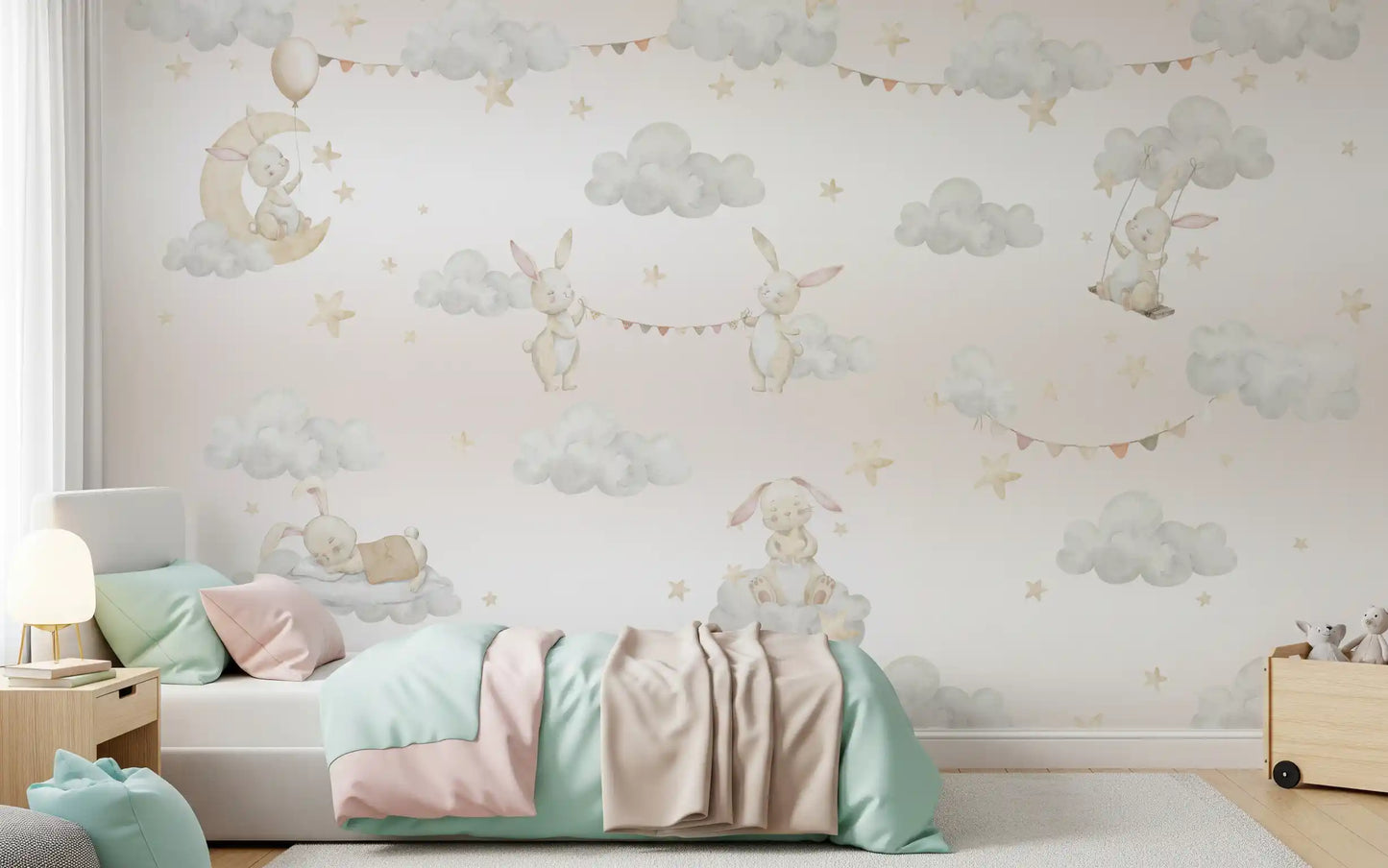 bunnies and stars make up the Dreamy Bunny Cloud Adventures wall mural