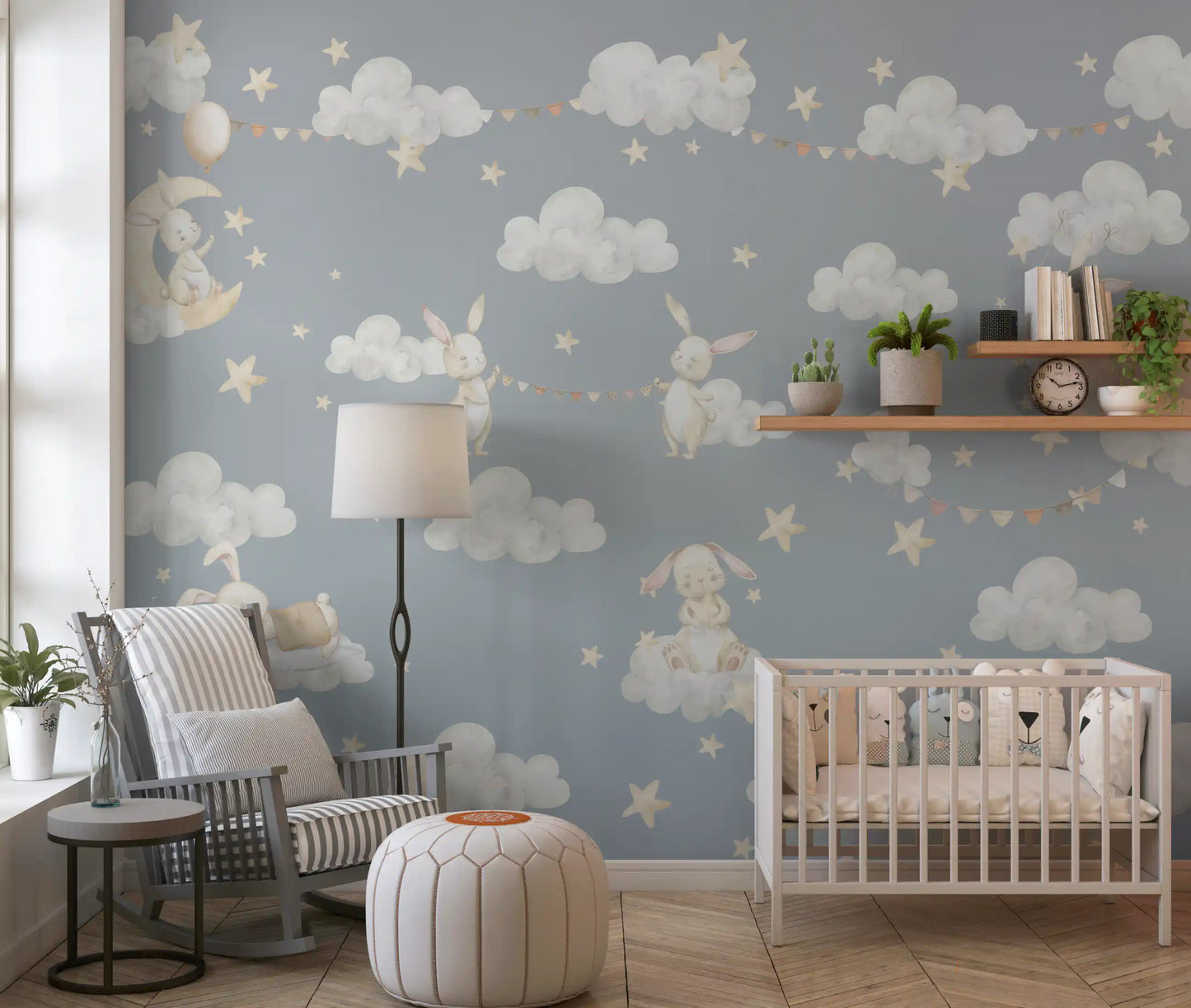 Dreamy Bunnies & Starry Clouds Wall Mural