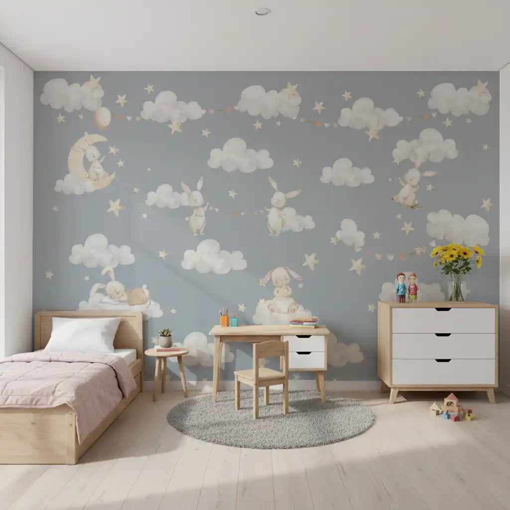 Dreamy Bunnies & Starry Clouds Wall Mural