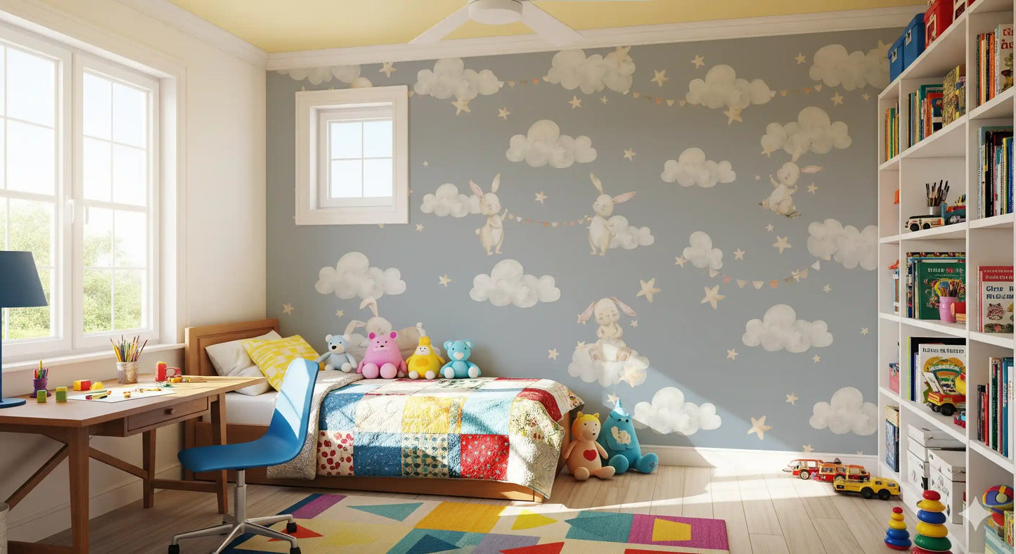 Dreamy Bunnies & Starry Clouds Wall Mural