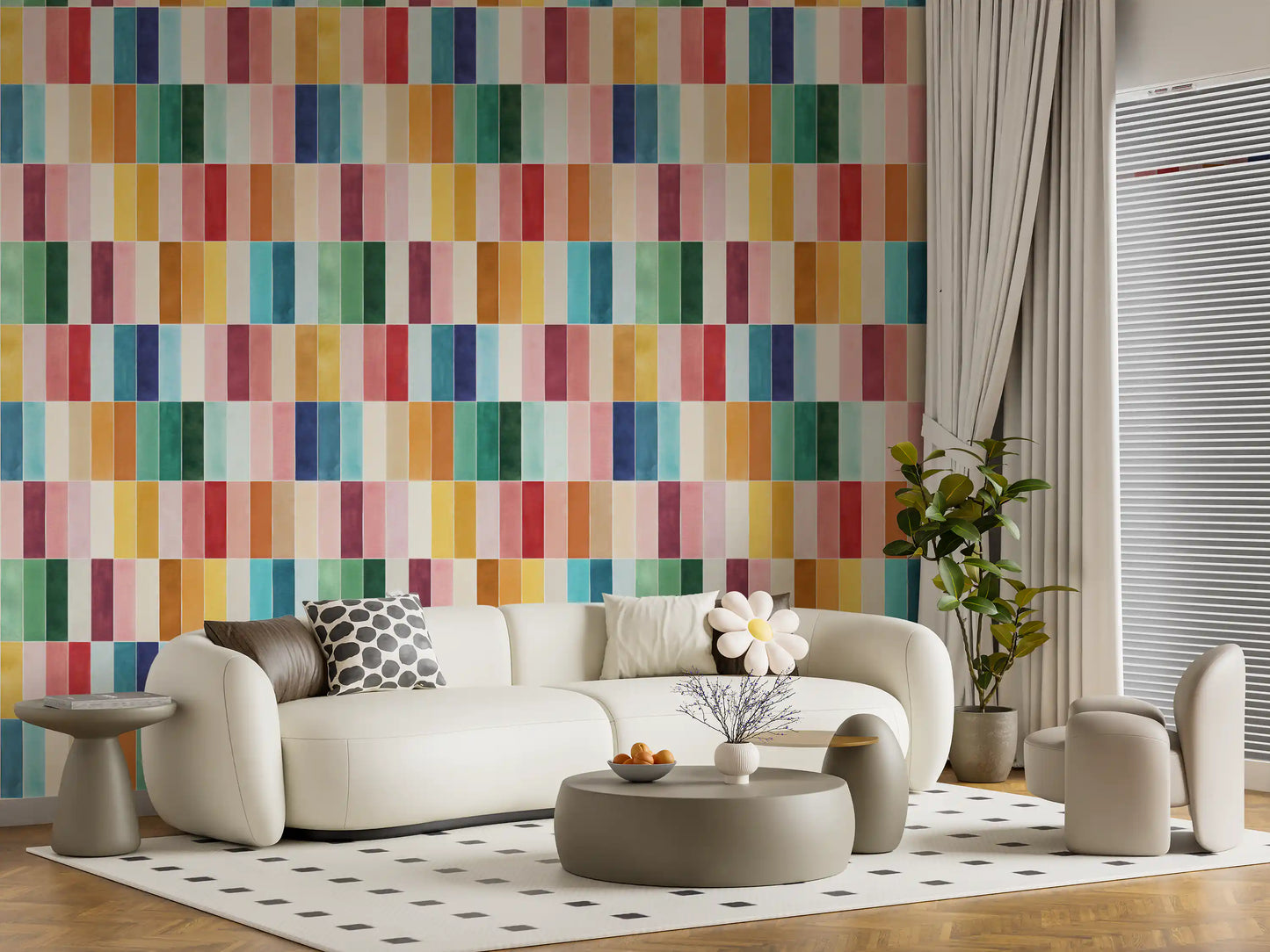 Pink, mustard, teal, navy, and cream rows shape the Colourful Watercolour Tiles Wallpaper