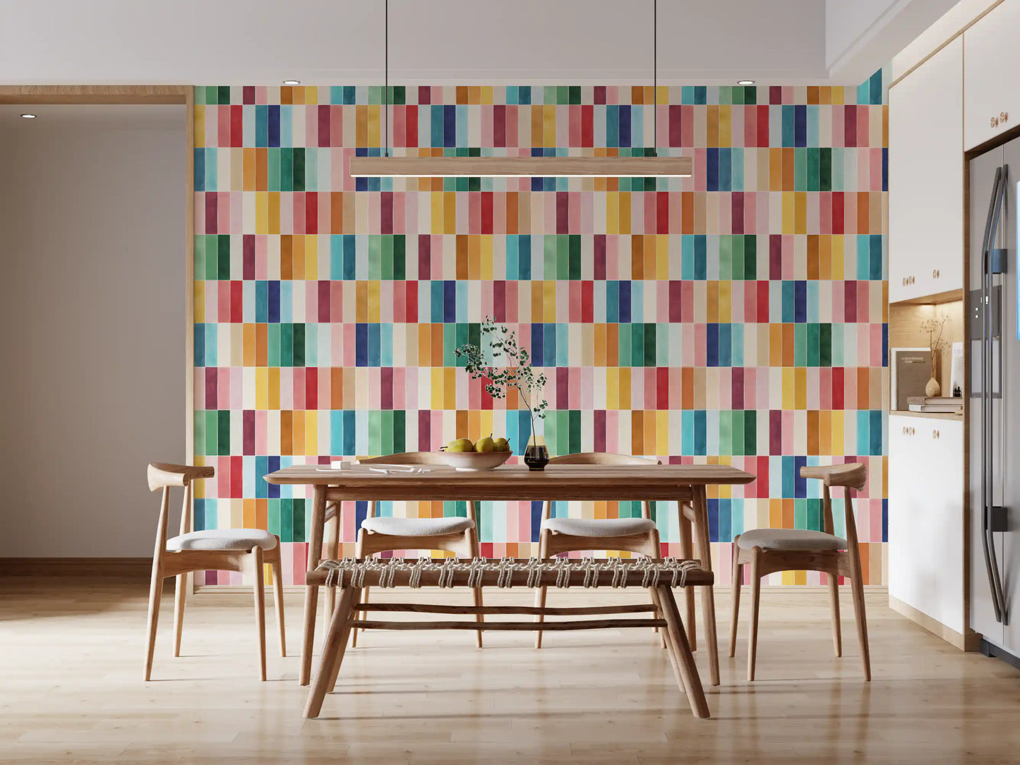 Kitchen-dining area lifted by a grid of watercolour blocks in warm tones