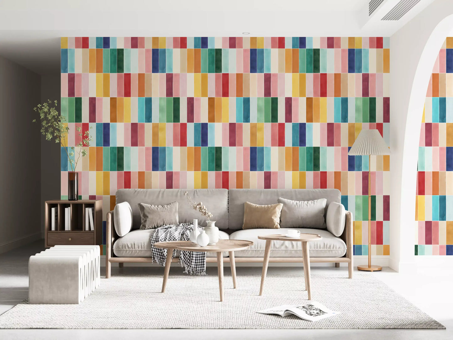 Modern Tiles Watercolor wallpaper running along a bright hallway run
