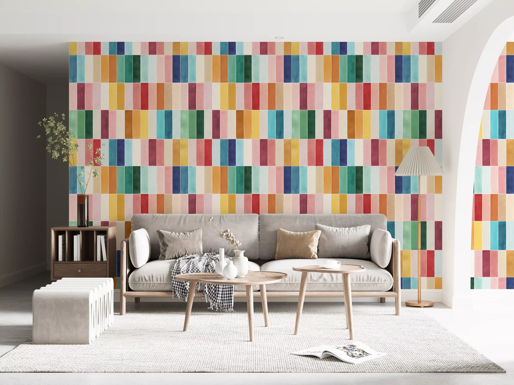 Modern Tiles Watercolor wallpaper running along a bright hallway run
