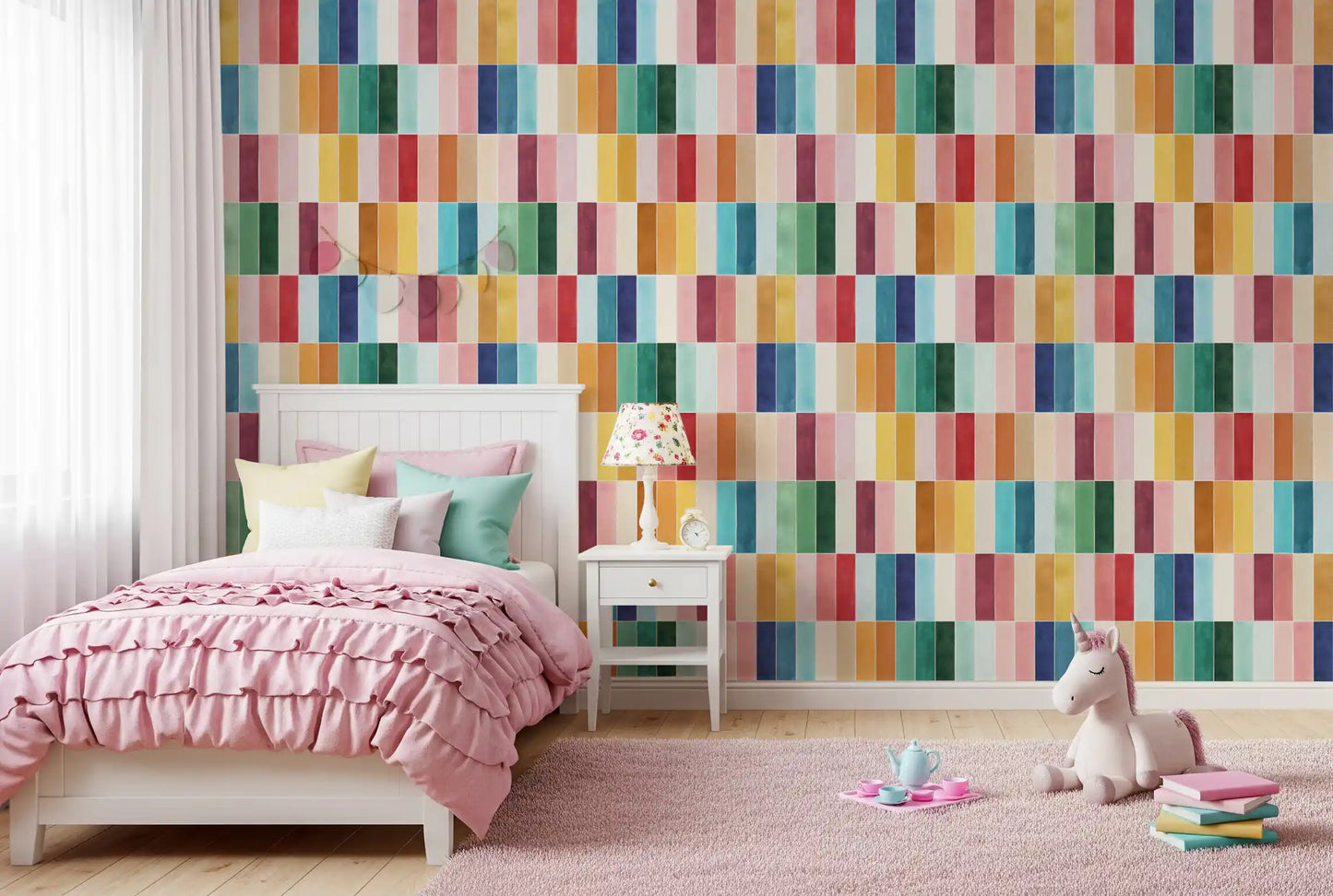 Pink-toned kids' room finished with the Modern Rectangular Tiles Wallpaper