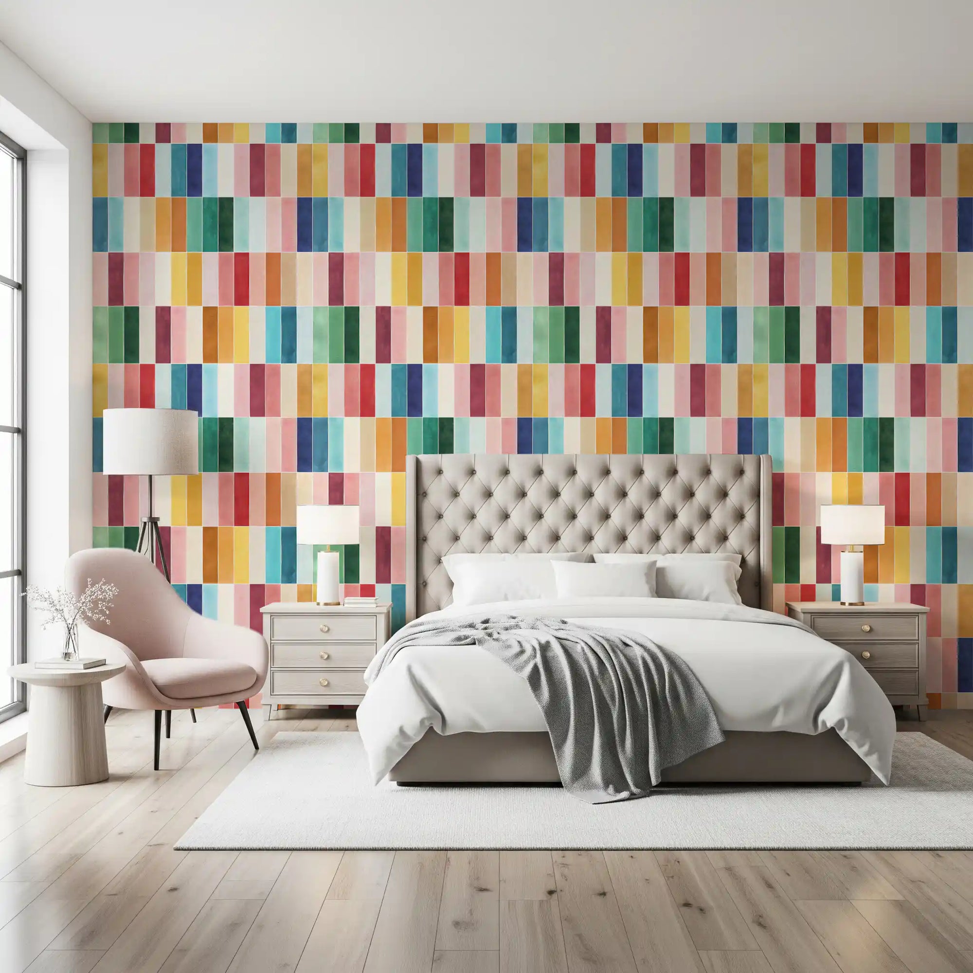 Watercolour rectangle grid sits behind the bed in a calm, sunlit bedroom
