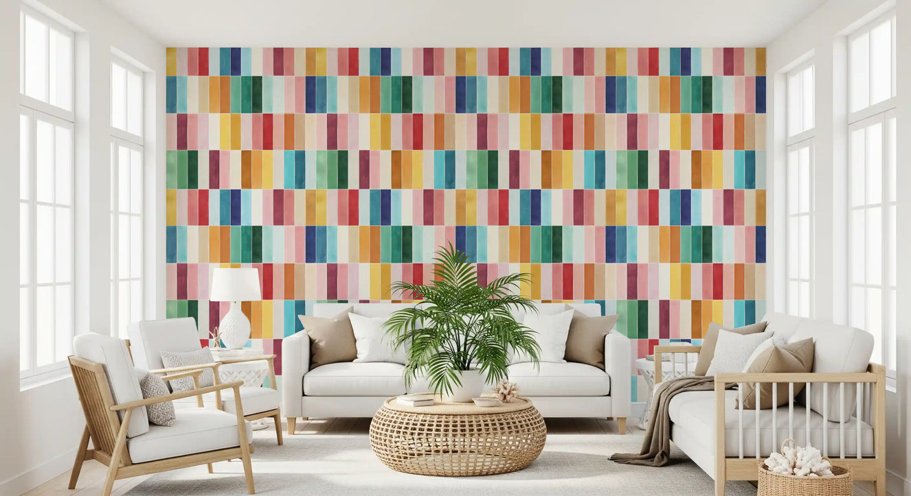 Modern Rectangular Tiles Colorful Watercolor Wallpaper⁠