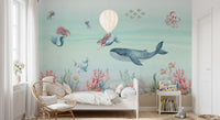 Watercolour narwhal and jellyfish drifting through the Dream wall mural