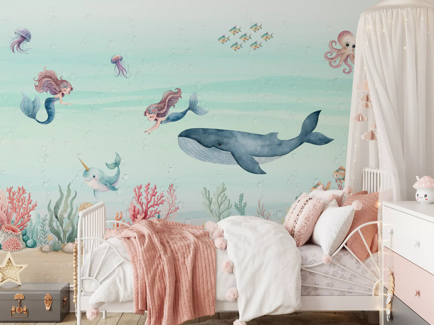 Girls' bedroom with coral reef and sea creatures across the Ocean Dream wall mural