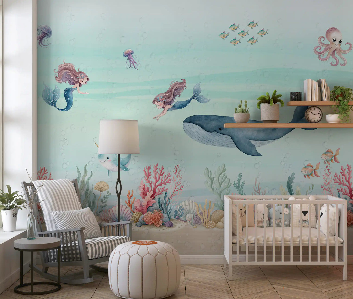 Cot nursery by the aqua Ocean Dream wall mural with whale and mermaids