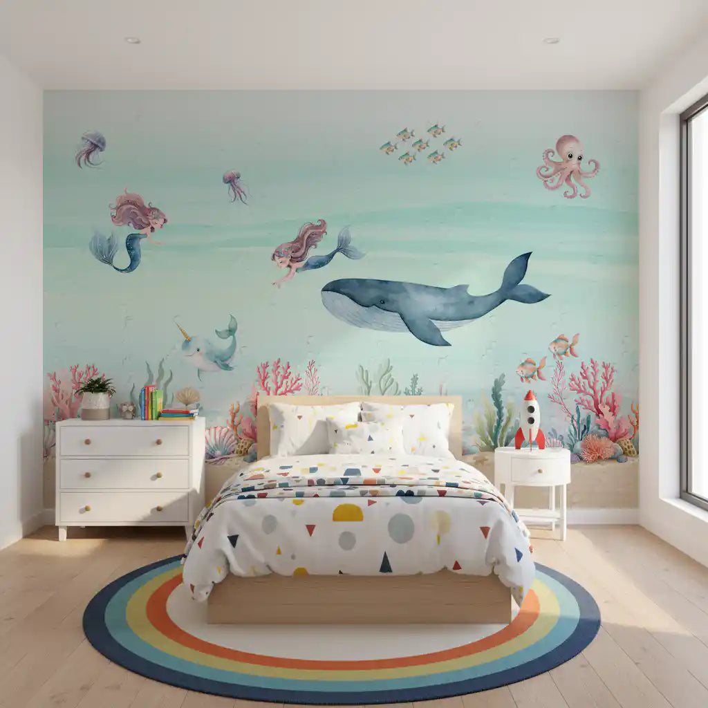 Mermaid's Ocean Dream wall mural with two mermaids beside a blue whale