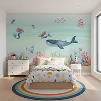 Mermaid's Ocean Dream wall mural with two mermaids beside a blue whale
