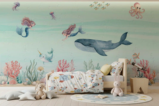 Kids' room styled with the Mermaid's Ocean Dream wall mural behind the bed