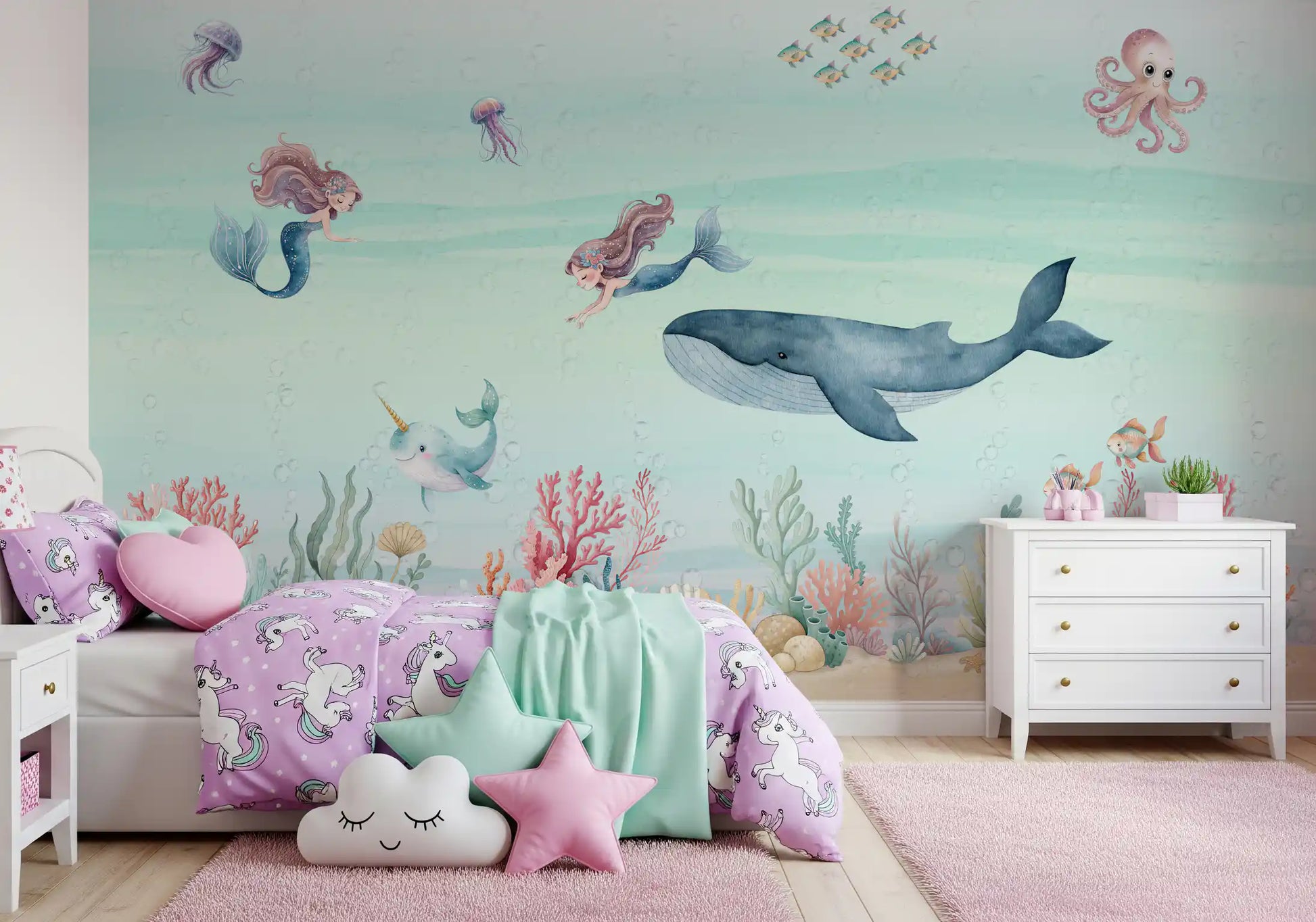 Kids bedroom featuring mermaids, whale and narwhal in the Ocean Dream mural
