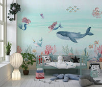 Pink octopus and small fish detail on the Ocean Dream wall mural