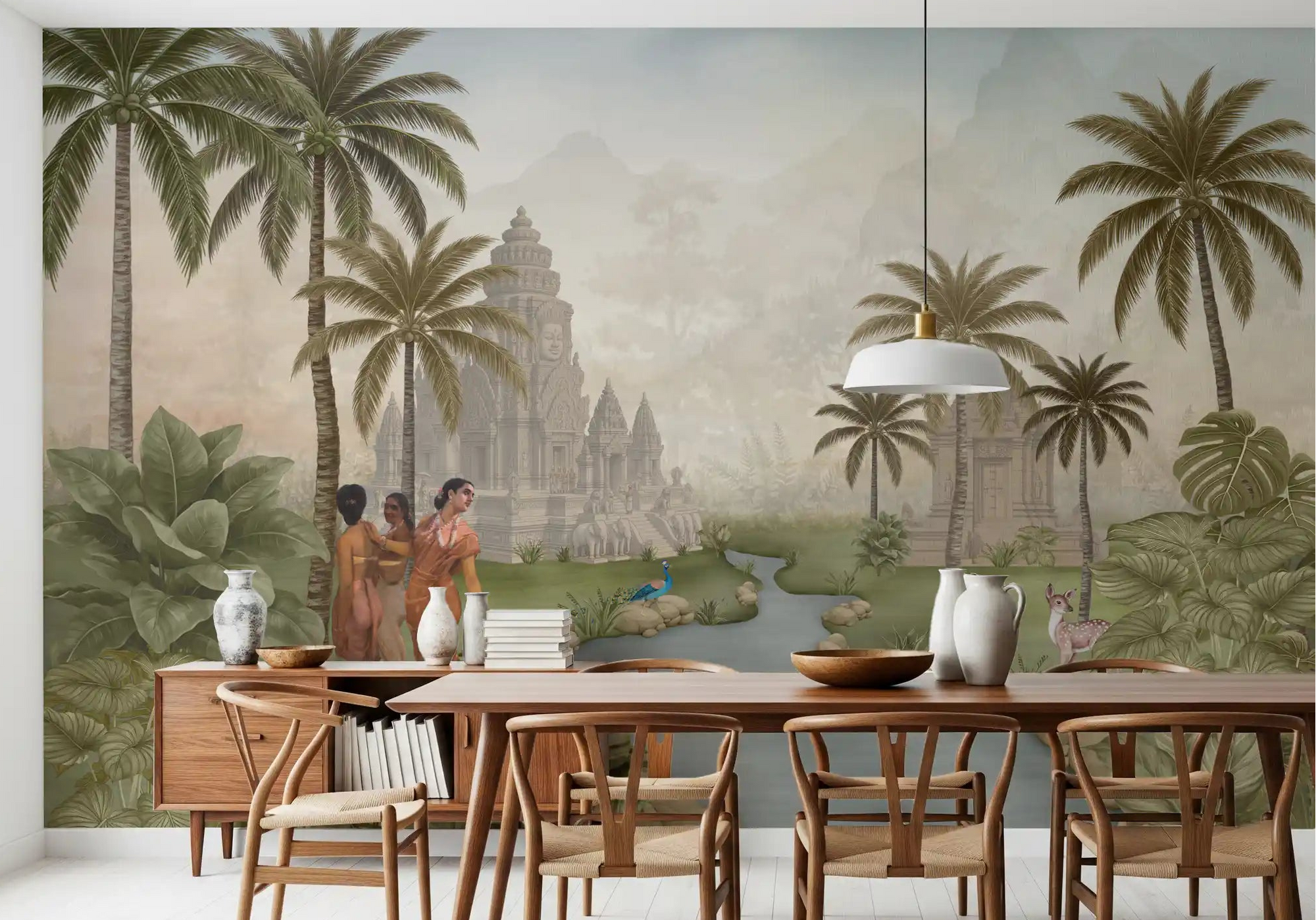 Dining room set around the Eastern Serenity Grove wall mural in sage tones