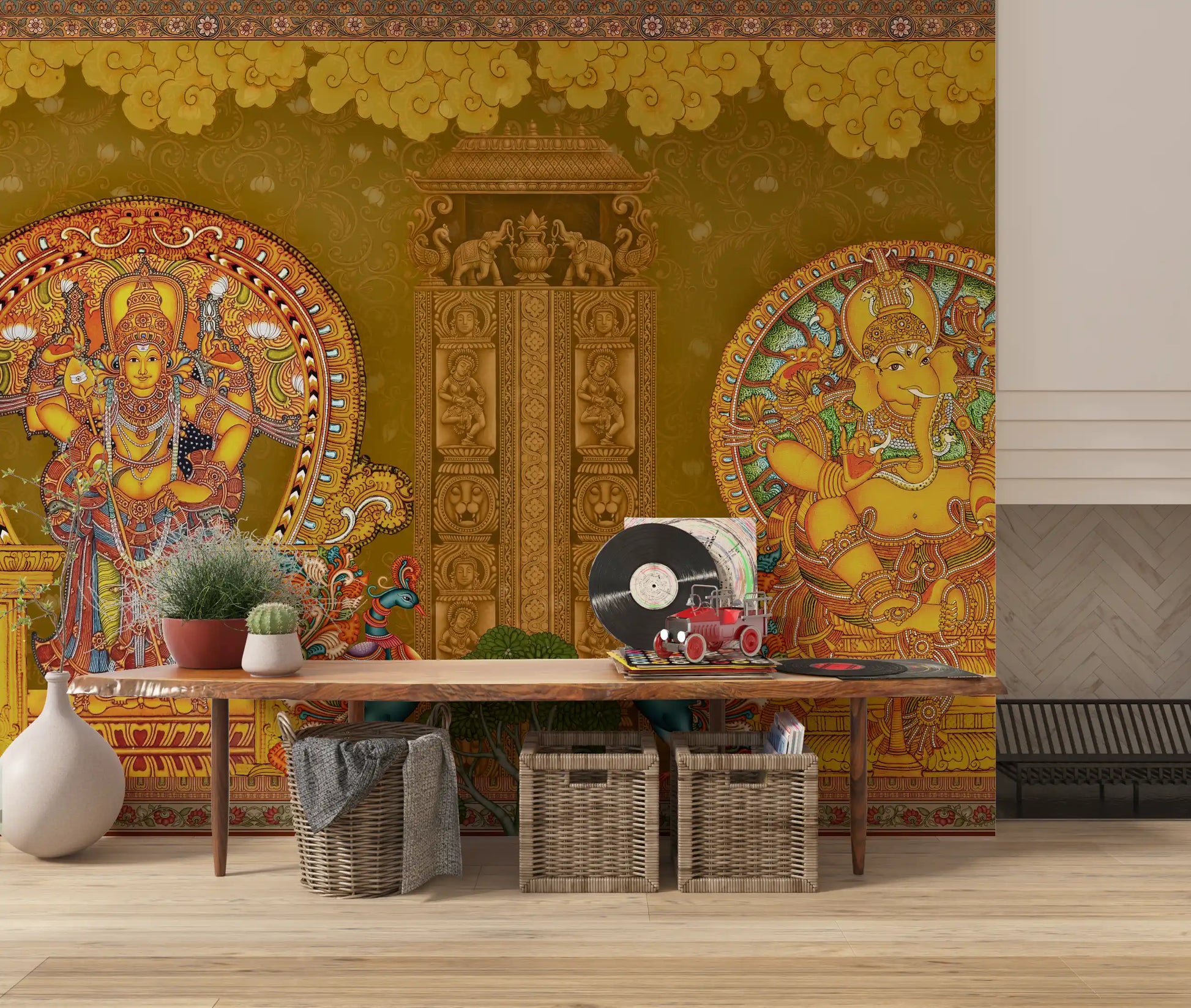 Carved central column separates the figures across the Kerala Mural Deities wall mural