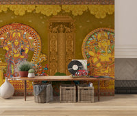 Carved central column separates the figures across the Kerala Mural Deities wall mural