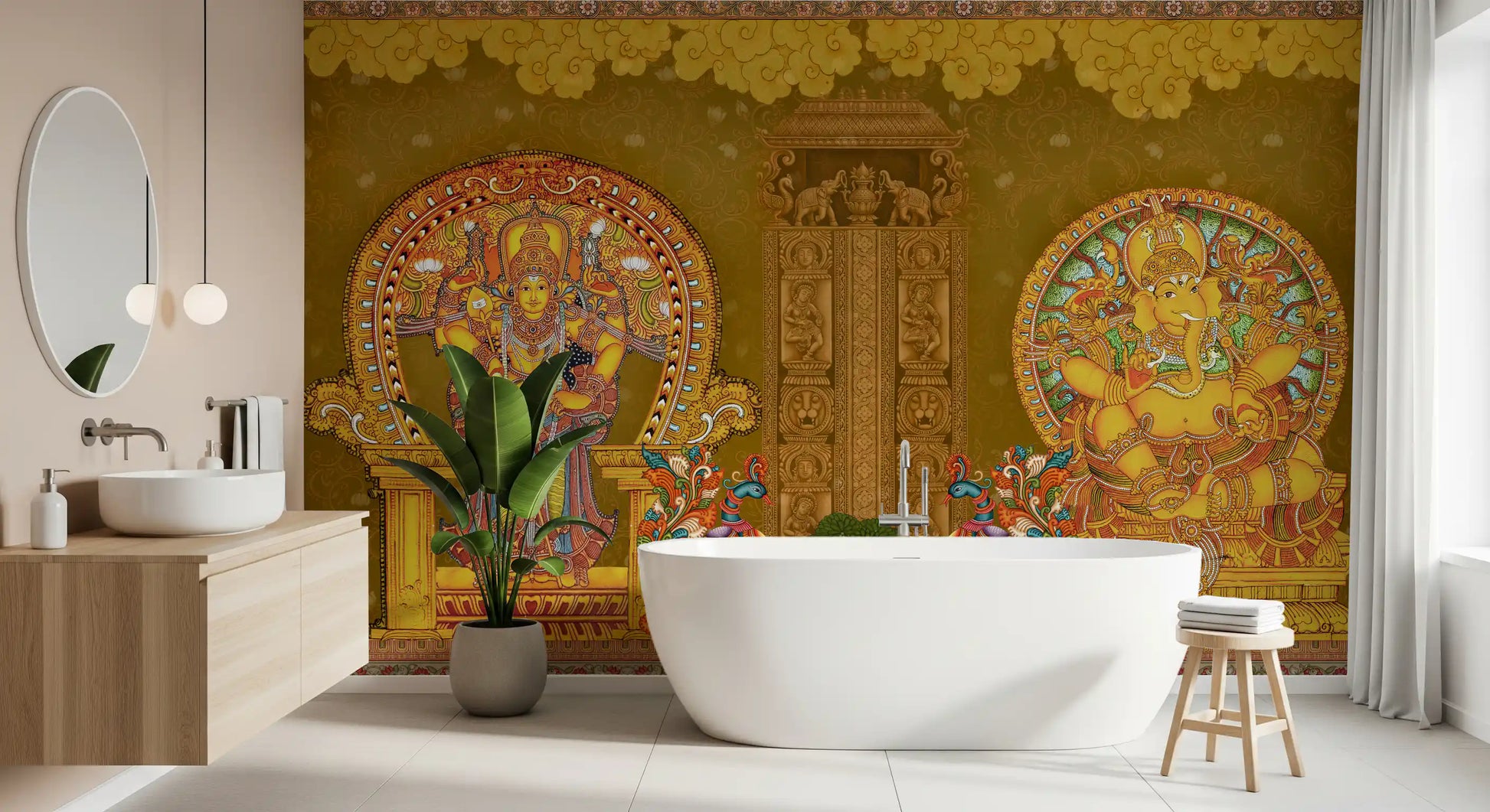 Bathroom pairs with the Kerala Mural Deities wall mural 