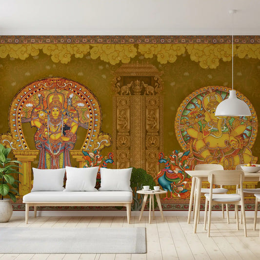 Dining room set with rattan chairs facing the Kerala Mural Deities wall mural