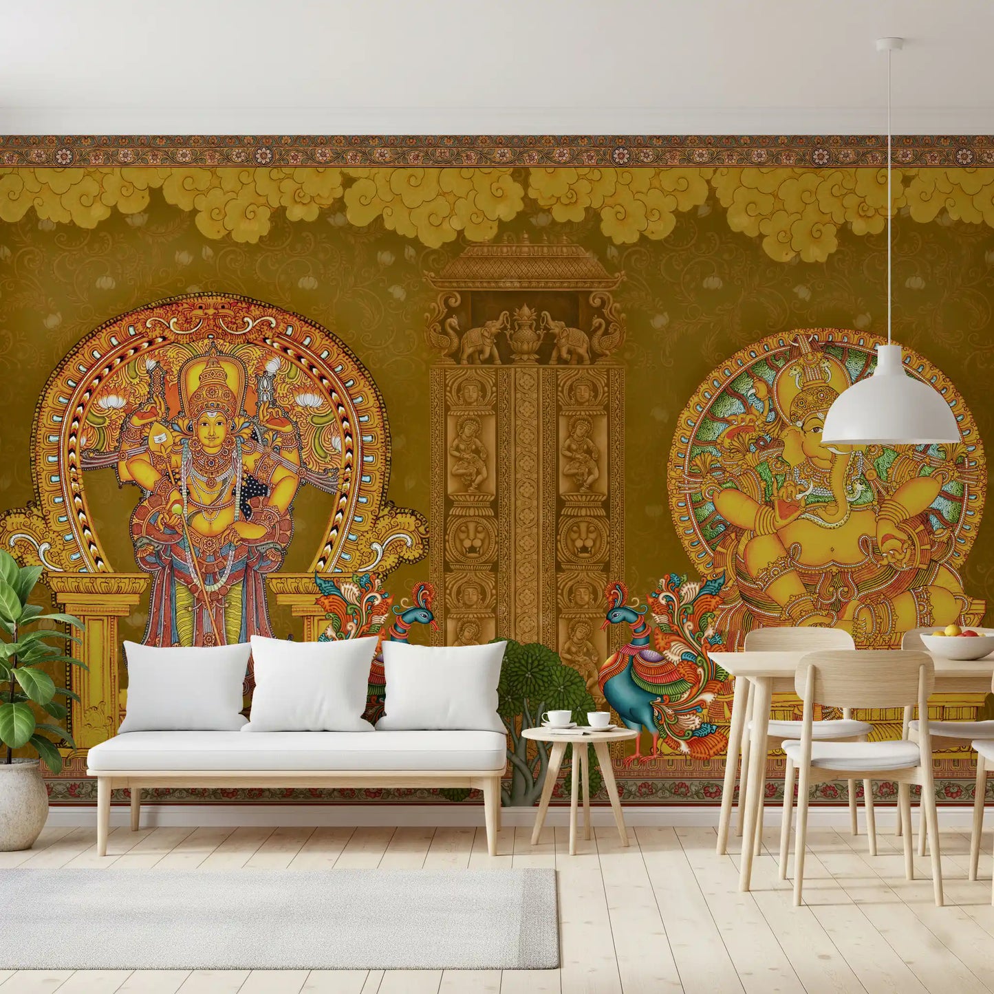 Dining room set with rattan chairs facing the Kerala Mural Deities wall mural