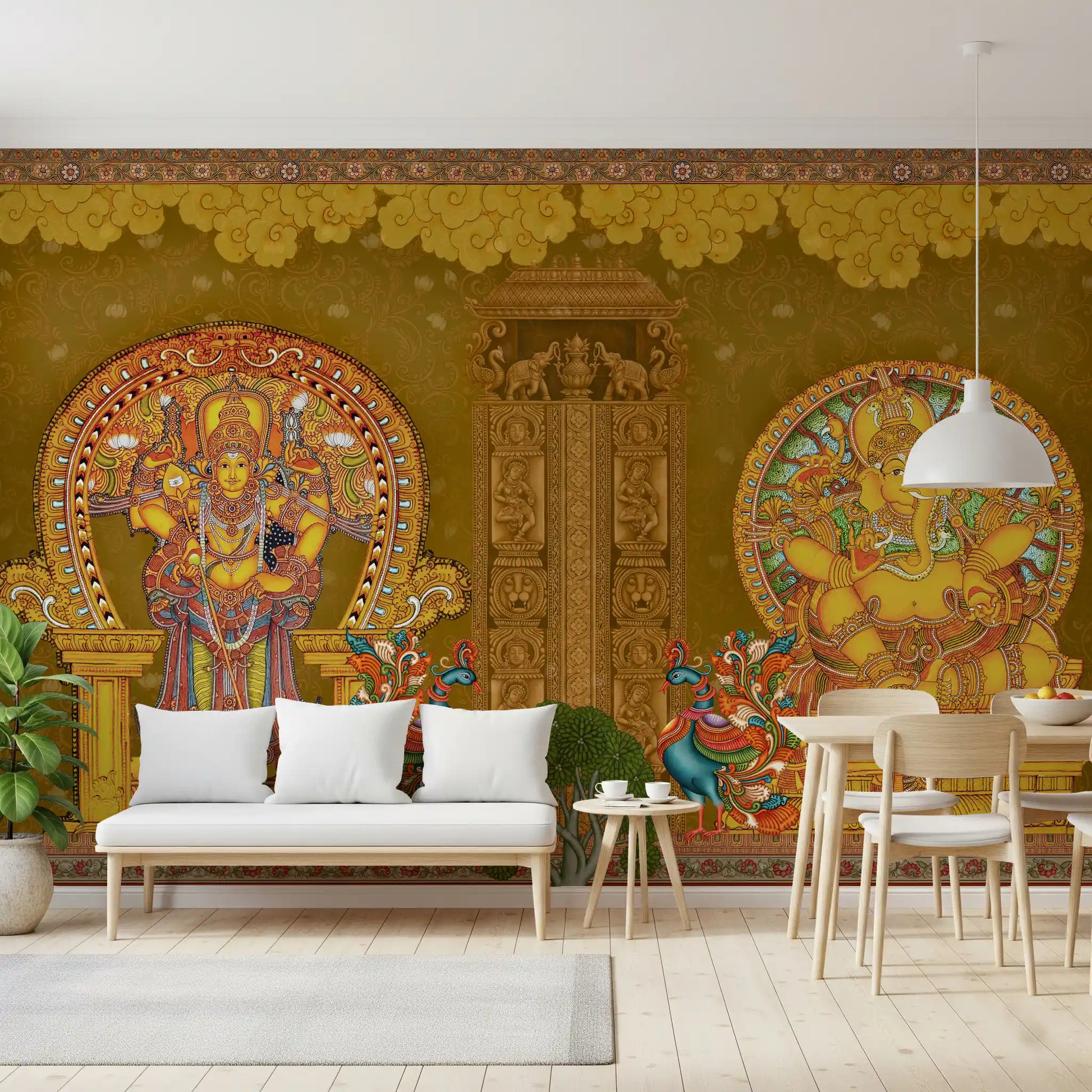 Dining room set with rattan chairs facing the Kerala Mural Deities wall mural