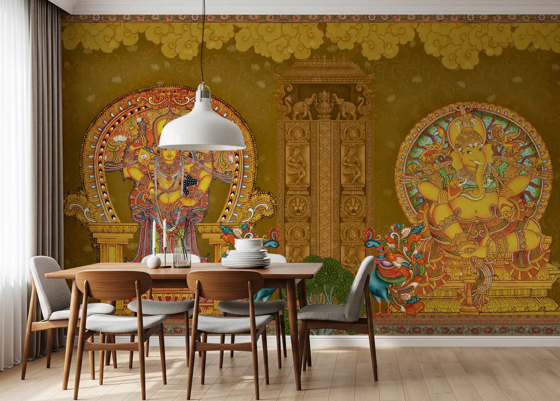 Pendant light hangs over the dining table beside this saffron wall mural