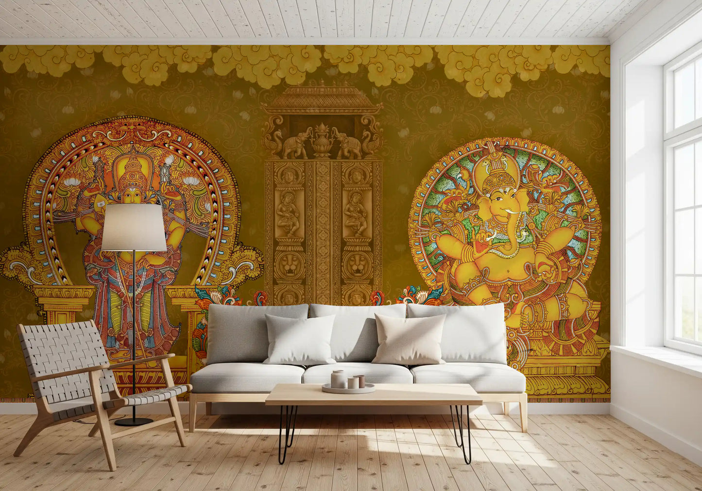 Peacock pair with spread tails stands at the base of this saffron wall mural