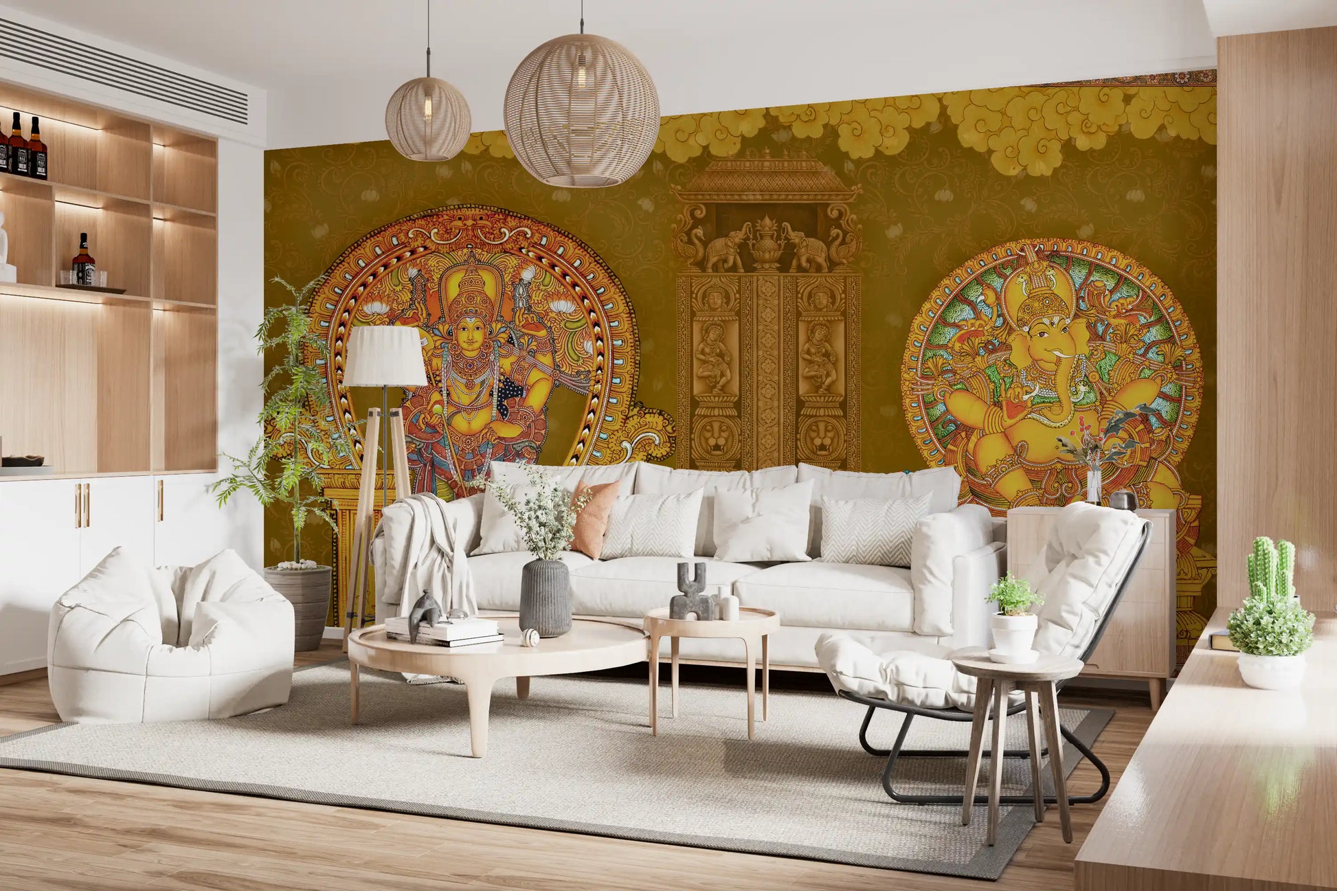 Living room with freestanding tub framed by the gold wall mural panel
