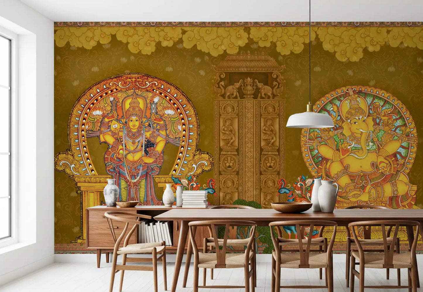 Dining room arrangement built around the Kerala Mural Deities wall mural